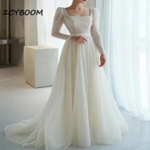 Customized Elegant Full Sleeves Tulle Wedding Dresses For Women 2025 Square Collar Court Train Bridal Gown Vestidos De Noiva