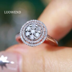 LUOWEND 100% 18K White Gold Rings Luxury Round Shape 0.55carat Real Natural Diamond Ring for Women High Engagement Jewelry