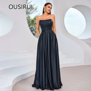 Women’s Simple Satin Pleated A-line Formal Evening Gown Backles Lace up Court Prom Party Dress Side Slit Classy Customizable