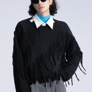 Men’s Thickened Warm Tassels Loose Solid Color Long-sleeve Chic Knitted Sweaters 2024 Winter Round Neck Trendy Pullover Sweaters
