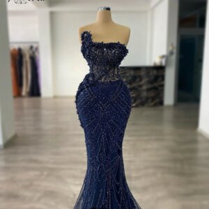 Beaded Navy Blue Mermaid Formal Party Dress Sleeveless Arabic Woman Lace Wedding Evening Gowns Customized Robe de Soiree Gala