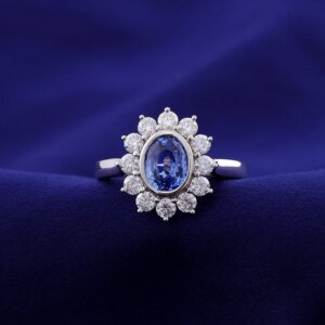 Provence 18K/14K/10K Solid Gold Oval Cut Lab Grown Cornflower Blue With DEF VVS Round Moissanite Engagement Ring Customized Gift