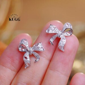 KUGG 18K White Gold Earrings Romantic Elegant Bowknot Shape 0.90carat Real Natural Diamond Stud Earrings for Women Party Jewelry