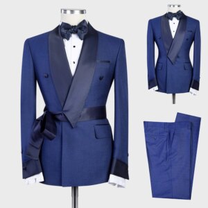 Classic Men’s Suit Shawl Lapel Double Breasted Tuxedos With Belt For Wedding Slim Fit Groom Wear Business 2 Pcs Coat Pants
