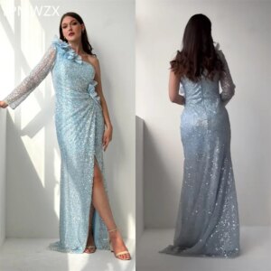 Customized Evening Dress Women Prom Gown Formal YPMWZX One-shoulder Mermaid Floor Length Sequin Applique 3D Flower Bespoke Occas