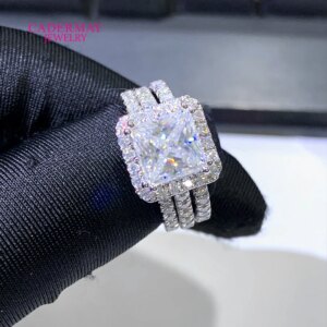 Cadermay 925 silver 3ct square princess cut vvs moissanite halo ring pave stacking engagement wedding ring set for women