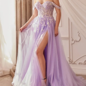 Classy Long Off the Shoulder Purple Tulle Prom Dresses Short Sleeves with Slit A Line Sweep Train فساتين حفلة موسيقية