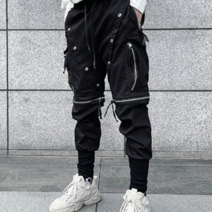 Spring Dark Functional Overalls Men’s Fashion Hip Hop Multi-Pocket Zipper Decorations Split Shorts Ankle Banded Pants