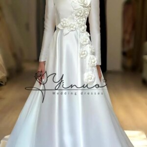 customized A-Line Long Dresses Hand-Made Flowers Zipper Up Long Sleeves Evening Dress Wedding Party Dress Elegant Party Dresses