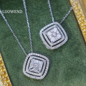 LUOWEND 18K White Gold Necklace Shiny 0.40carat Real Natural Diamond Necklace for Women Fashion Square Shape High Birthday Gift
