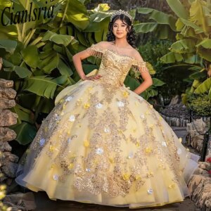 Yellow Beading Tassel Ruffles Bow Quinceanera Dresses Ball Gown 3D Flowers Sequined Appliques Sweet 15 Años Mexican Customized