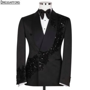 Black Men Business Crystal Beading Sequined Formal Occasion Tuxedos Grooms Wedding Party Prom Male Suit 2 Piece Set Blazer Pants
