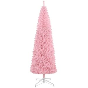 HOMCOM 8′ Tall Unlit Slim Douglas Fir Artificial Christmas Tree with 1168 Realistic Branch Tips Pink