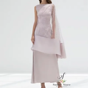 Customized  A-Line Ankle Length Crew neck Jersey Sleeveless Pearls Evening Dress Classic Photo Color Custom Size vestidos de noc