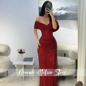 Sparkly Red Off Shoulder Luxury women Evening Dresses 2025 Women Dubai Pleats Celebrity Dress Prom Dress Customized