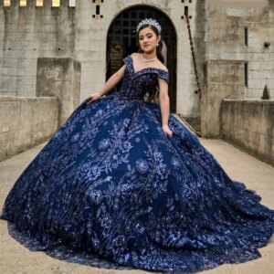 Navy Blue Princess Quinceanera Dresses Off the Shoulder Ball Gown Sweet 16 Dress Beads Appliques Lace Tull Vestidos 15De XV Anos