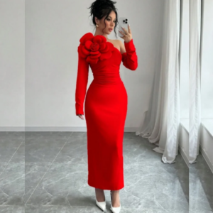 Customized Flower One-shoulder Prom Gowns Ball Gown red Jersey Evening Dresses A-line Anke length Party Dresses