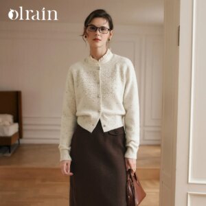 OLrain French Style Jacquard Cardigan for Women 2025 Spring New Lazy Loose Knitwear O Neck Silvery Button Sweaters O56DE95366
