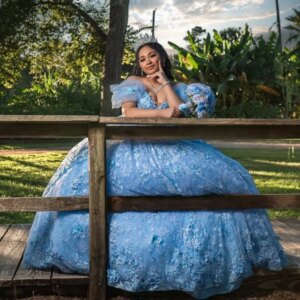 Customized Shiny sky blue Off Shoulder Quinceanera Tull Dress Lace sequin applique 3D flower layering vestidos de 15 Quinceanera
