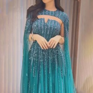 MYMB Stylish Green Classic Cape Sleeve A-Line Dresses Girl New Arrival Tulle Overlay Aline Evening Gowns for Women Elegant Party