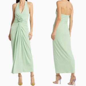 Little Daisy Customized Sexy Modern Style Jersey Draped Handmade Flower Straight Halter Midi Dresses Bespoke Occasion Dresses Hi