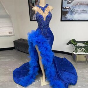 Luxury Beaded Stones Mermaid Prom Dresses For Black Girls Customized Royal Blue Side Split Evening Party Gowns Reception Dress