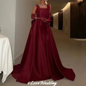Burgundy Spaghetti-Strap Prom Dresses 2025 Satin Back Bow Detachable Sleeve A-Line Sweep Train Wedding Party Dresses Customized