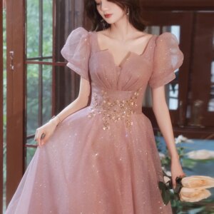 Purple Pink Evening Dress V Neck Pleated Puff Sleeve Elegant Sequined Applique A Line Empire Applique Wedding Party Gowns Woman