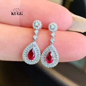 KUGG 100% 18K White Gold Earrings Elegant Water Drop Shape Luxury Diamond Natural Ruby Earrings for Women High Party Jewelry