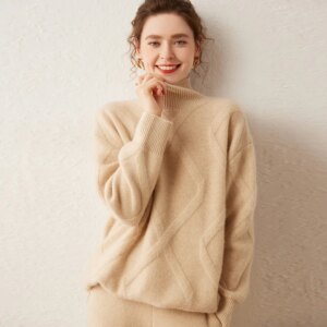 High Quality 2024 Autumn and Winter New Sweater Women’s Half Turtleneck Mid-Length Loose Big Thickened Base Long Skirt