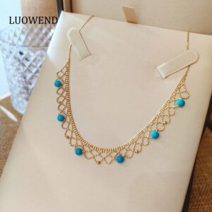 LUOWEND 100% 18K Yellow Gold Necklace Romantic Lace Style Natural Gemstone Necklace for Women High Wedding Jewelry