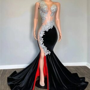 Slit Black Sheer Long Prom Dresses For Black Girls Sexy Appliques Birthday Party Dresses African Evening Gown Robe De Customized