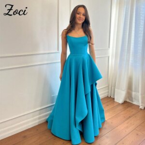 Zoci Elegant Strapless Lake Blue Prom Dresses Sleeveless Ruffles Tiered Evening Party Gown Customized A Line vestidos de noche