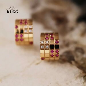 KUGG 100% 18K Yellow Gold Earrings French Vintage Style Shiny Diamond Natural Ruby Stud Earrings for Women High Party Jewelry