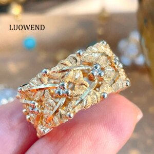 LUOWEND 100% 18K Yellow Gold Rings 10mm Width Ring Luxury Elegant Design Vintage Palace Style High Party Jewelry for Women