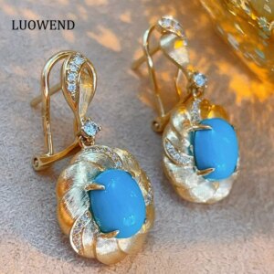 LUOWEND 100% 18K Yellow Gold Earrings Luxury Palace Style Natural Turquoise Drop Earrings for Women High Party Jewelry