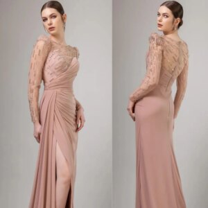 Customized Chiffon Beading Pleat Party Trumpet O-Neck Bespoke Occasion Gown Long Dresses