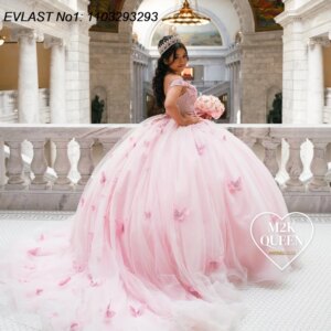 EVLAST Customized Shiny Pink Quinceanera Dress Ball Gown Butterflies Applique Beading Mexican Sweet 16 Vestido De 15 Anos E1Q539