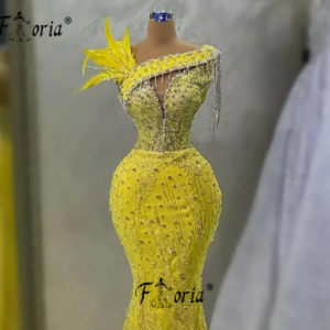 Delicate Crystal Beaded Mermaid Formal Evening Dress Full Beadings Tassel Feathers Yellow Prom Dress Custom Made Robe De Soiree