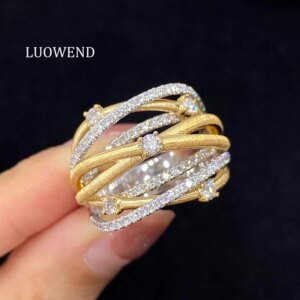 LUOWEND 100% 18K White+Yellow Gold Rings Luxury Cross Design Real Natural Diamond Engagement Ring for Women Senior Banquet
