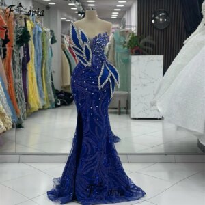 Glamour Royal Blue Mermaid Party Dress with Silver Crystal 3D Leaves Dubai Woman Evening Dress vestidos de ocasión formales 2024