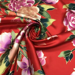 High Quality New 40Momme Silk Red Inkjet Peony Thickened Silkworm Satin Cheongsam Cloth