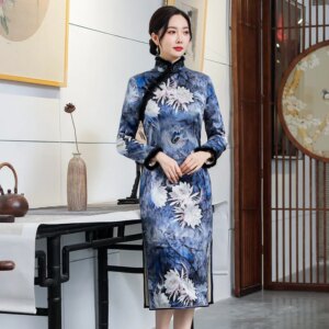 Autumn and Winter New High Quality Real Silk Quilted Printed Fur Warm Improve Chinese Style Cheongsam Qipao Ladies Dress