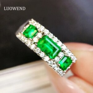 LUOWEND 100% 18K White Gold Rings Natural Diamond Natural Emerald Engagement Ring for Women Vintage Elegant Design High Jewelry