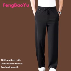 Natural Mulberry Silk Men’s Long Pants, Black Lace-up Straight Pants, Outdoor Casual Jogging Comfortable, Cool Breathable Pants