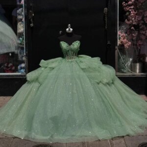 Gleaming chiffon ball-shaped layered rosemary green birthday dress for 15-year-old coming-of-age ceremony dress customizable