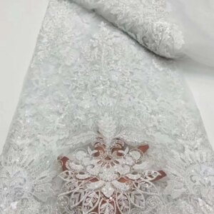 Luxury African Sequins Lace Fabric 2025 High Quality 5 Yards Beads Embroidery French Nigeria Tulle Lace Fabric For Wedding Party