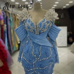 Plunging Neck Blue Maxi Evening Dress 3D Lace Crystals Wedding Party Gown Arabic vestidos en liquidación envío gratis Customized