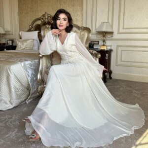 Customized Modern Style Formal Evening V-Neck A-line Appliques Draped Chiffon Bespoke Occasion Dresses