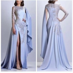 Gorgeous Light Blue Evening Party Dresses O-Neck Floor Length Side Split Full Sleeves Appliques Women Prom Banquet Gowns